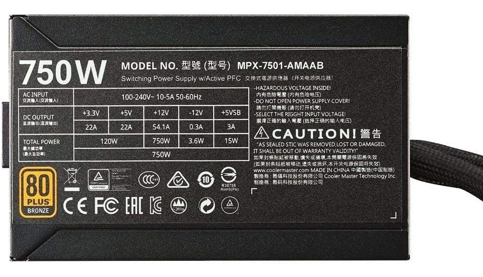 Fuente Cooler Master Master 750W 80 plus Bronze Masterwatt