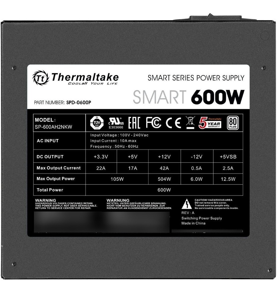 FUENTE PODER THERMALTAKE 600W REAL 80 PLUS SMART SERIES