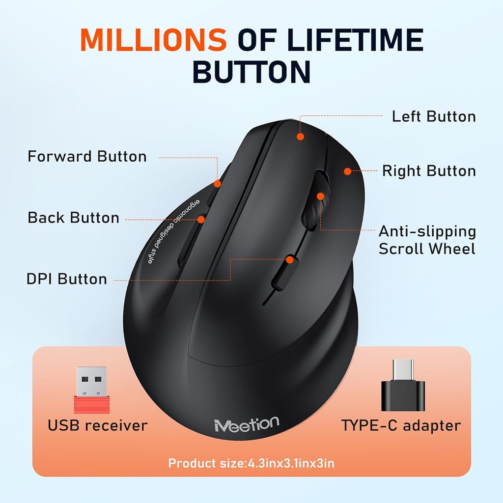 MOUSE vertical inalámbrico con retroiluminación RGB recargable para Bluetooth (5.2 + 3.0) y USB-A con adaptador USB-C