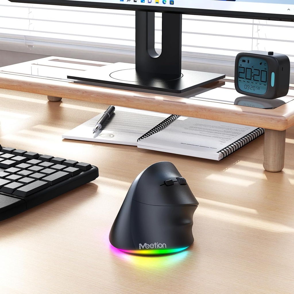 MOUSE vertical inalámbrico con retroiluminación RGB recargable para Bluetooth (5.2 + 3.0) y USB-A con adaptador USB-C