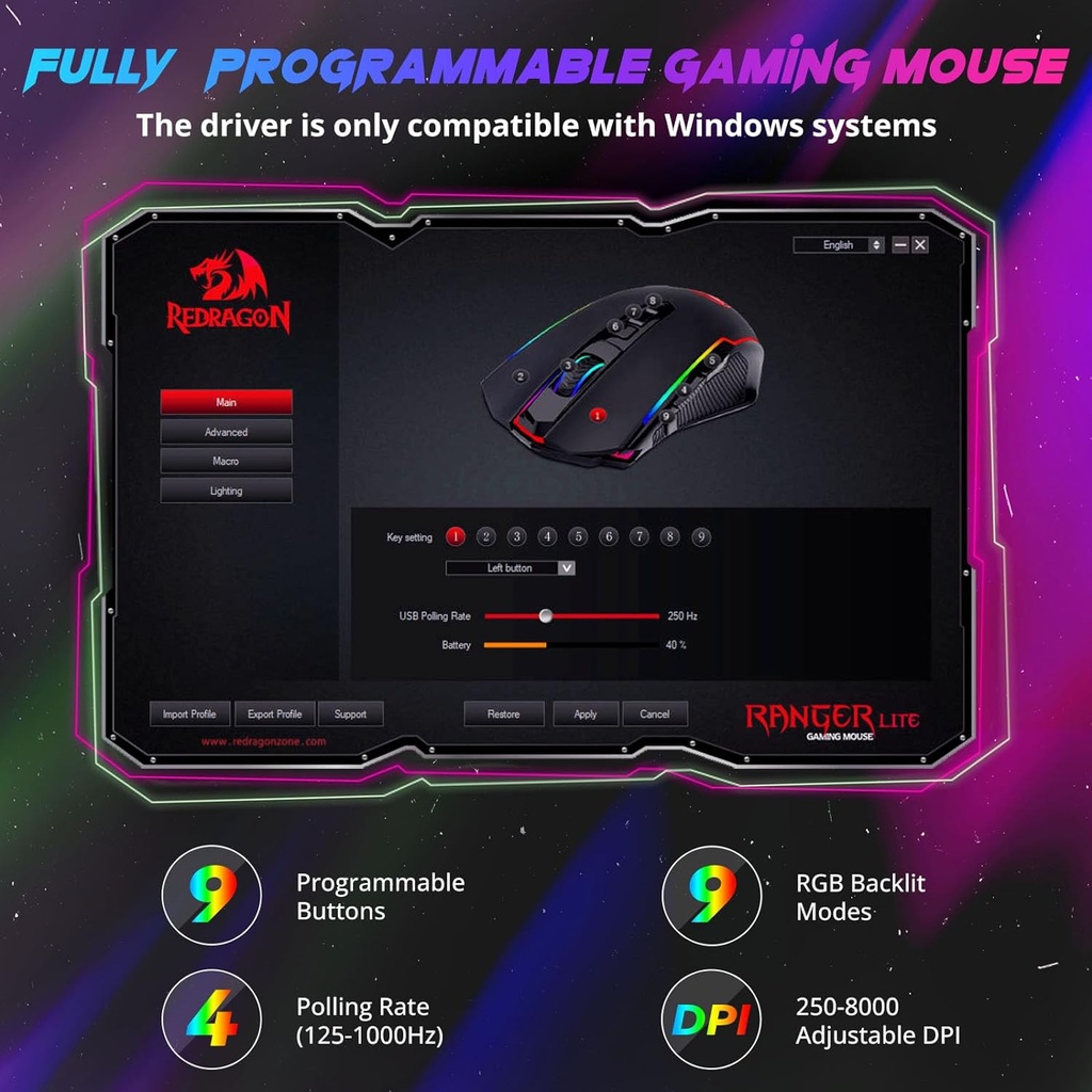 Mouse Redragon Mouse inalámbrico 8000 DPI Ranger Lite