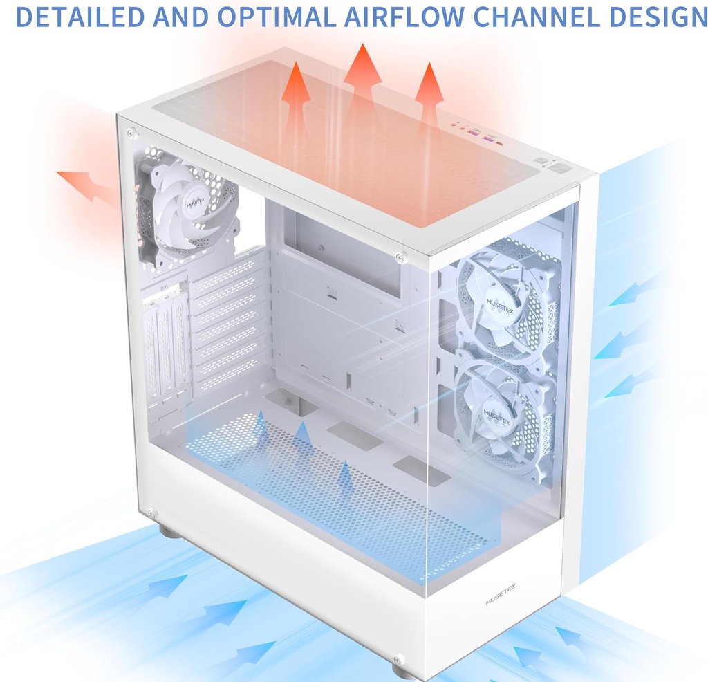 MUSETEX K2 PC CASE ATX 3 ventiladores no LED preinstalados, carcasa de computadora de torre media tipo C con vista completa
