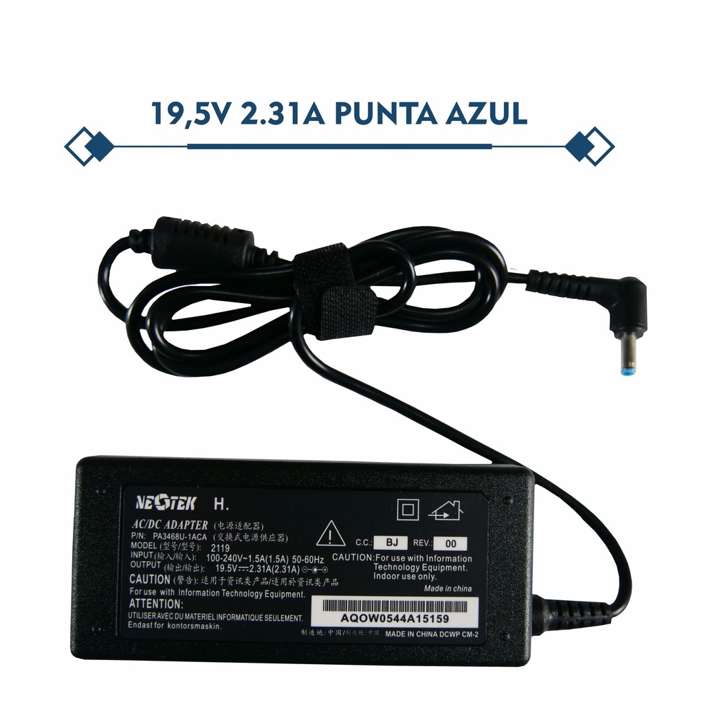 CARGADOR PORTATIL HP SPLIT PUNTA AZUL 19.5V 3.33 AMP 4.5*3.0MM HOMOLOGADO