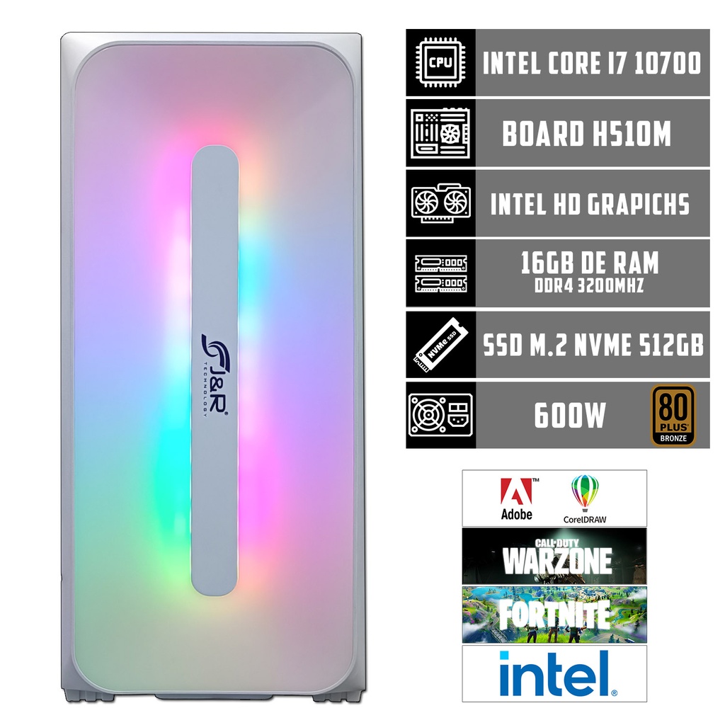 CPU GAMER JYR JX118 INTEL CORE I7 10700 B.BOARD ASUS PRIME H510M-E RAM 16GB RGB M.2 512GB FUENTE 600W REAL