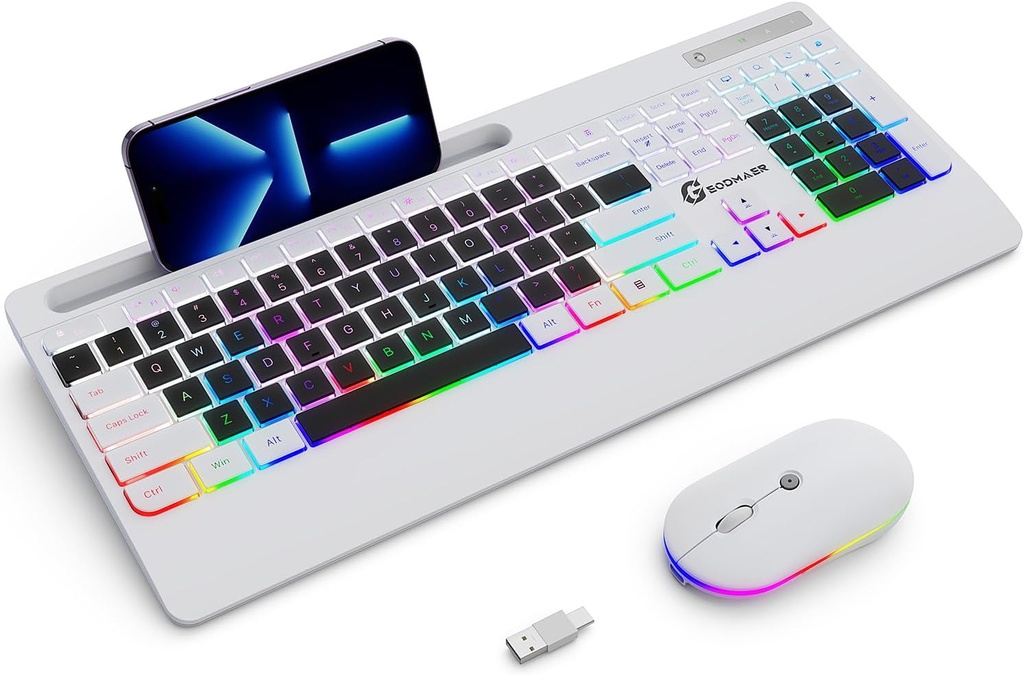 Combo de teclado silencioso inalámbrico y mouse con reposamuñecas, soporte para teléfono (blanco y negro)